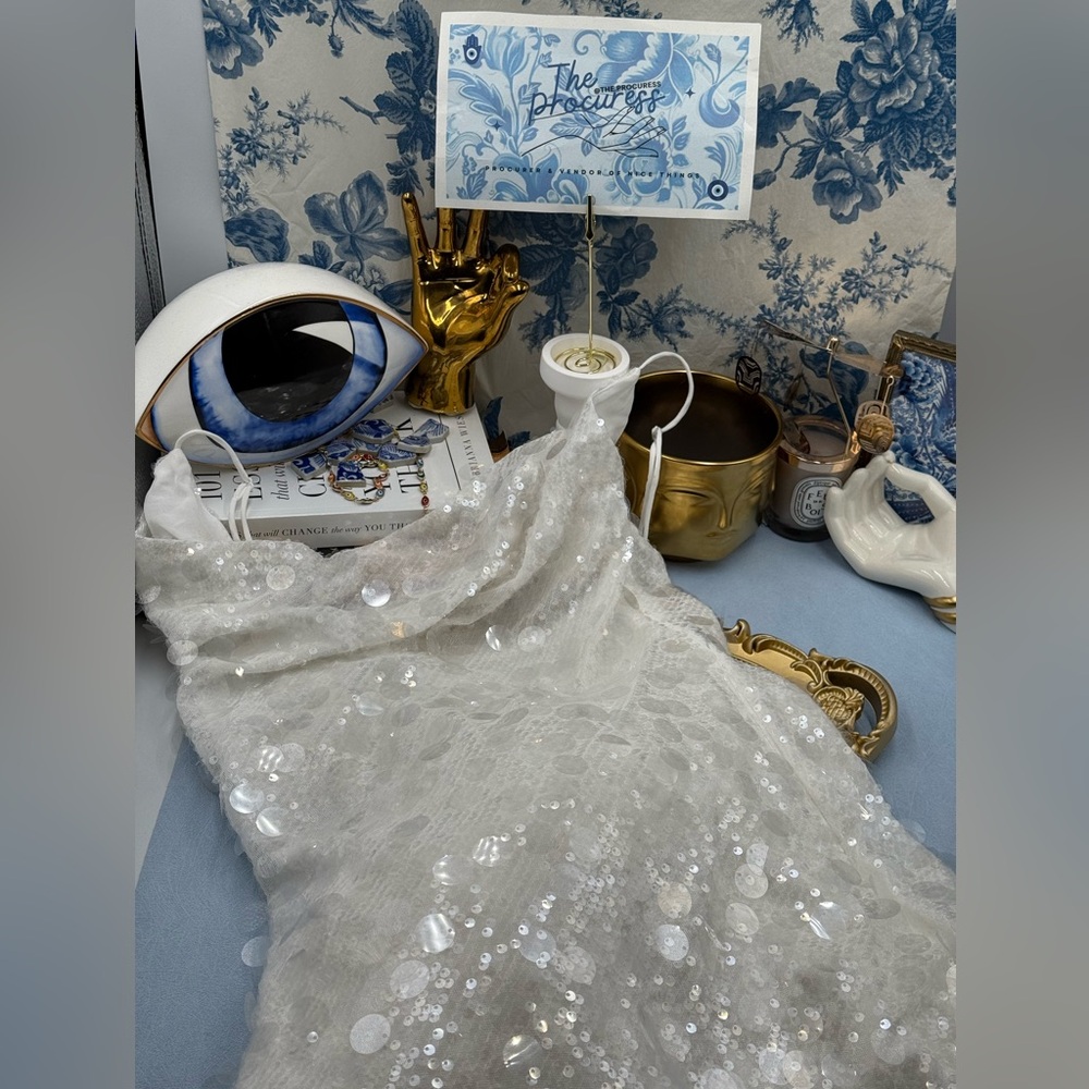 🆕 RAT & BOA 🧿 NWOT Evangeline Ivory Glistening Paillettes & Sequins Dress Sz L - Picture 12 of 17